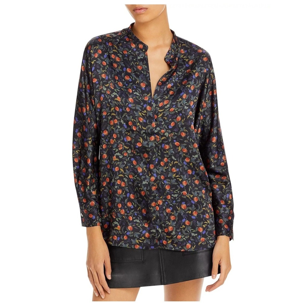 Vince Pomegranate Floral Mandarin Collar V-Neck Blouse Navy XS